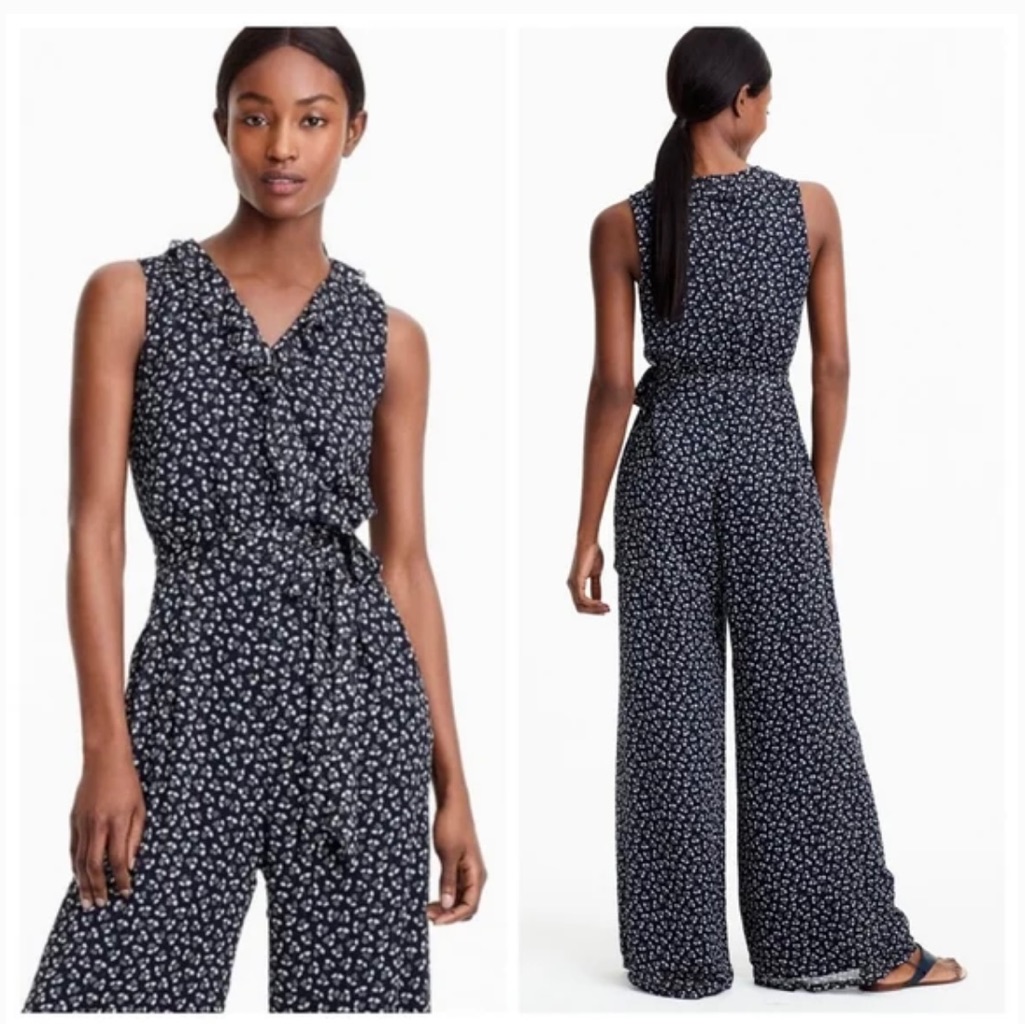 J. Crew Point Sur Navy Floral Sparkle Jumpsuit Size 8